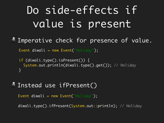 Why Currying?
Helps us reshape and re-purpose the
original function by creating a
partially applied function from it.
Function<Integer, Function<Integer, Integer>> add =
x ->
y ->
x + y;
Function<Integer, Integer> increment = add.apply(1);
increment.apply(2); // 3
Function<Integer, Integer> decrement = add.apply(-1);
decrement.apply(2); // 1
 