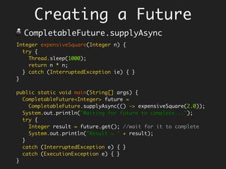 Option 1: Bubble up…
Re-throw the exception as unchecked
exception.
String capitalize(String s) throws Exception {
if (null == s)
throw new Exception("null");
return s.toUpperCase();
}
Arrays.asList("Hello", null).stream()
.map(s ->
{
try {
return capitalize(s);
} catch (Exception e) {
throw new RuntimeException(e);
}
})
.forEach(System.out::println);
Lambda looks
grotesque.
 