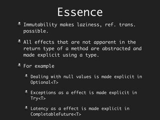 FunctionThrowsException<ResultSet, Event, SQLException> toEvent =
r -> {
String type = r.getString(1);
return new Event(type);
};
//Try creating an event from result set
Try<Try<Try<Try<Event>>>> event =
resultSet.map(c -> c.map(s -> s.map(r -> Try.with(toEvent, r))));
//====== Summarizing what we did ========
Try<Try<Try<Try<Event>>>> nestedEvent =
Try.with(getConnection, url)
.map(c -> Try.with(createStatement, c))
.map(c -> c.map(s -> Try.with(execute, s, sql)))
.map(c -> c.map(s -> s.map(r -> Try.with(toEvent, r))));
flatMapping a Try
 