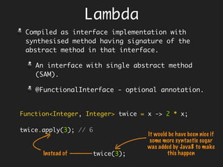 Hmmm…One can work to make an object
immutable though!
Functions that operate on immutable
data are then pure functions. For any
transformation they produce new data,
leaving the old unmodified.
f
Time is never conflated with state,
because (immutable) data is a snapshot
at a point in time of a particular
state.
f
Chai Chat: OO & FP
 