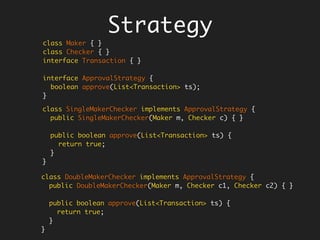 Encapsulate Self-Ref
Anonymous Functions
class Reducer {
private static
BiFunction<Integer, List<Integer>, Integer> sum0 = (acc, xs) -> {
if (xs.isEmpty())
return acc;
else
return Reducer.sum0.apply(acc + xs.get(0), xs.subList(1,
xs.size()));
};
Integer sum(List<Integer> ns) {
return sum0.apply(0, ns);
}
}
To self-reference, you will need to…
 