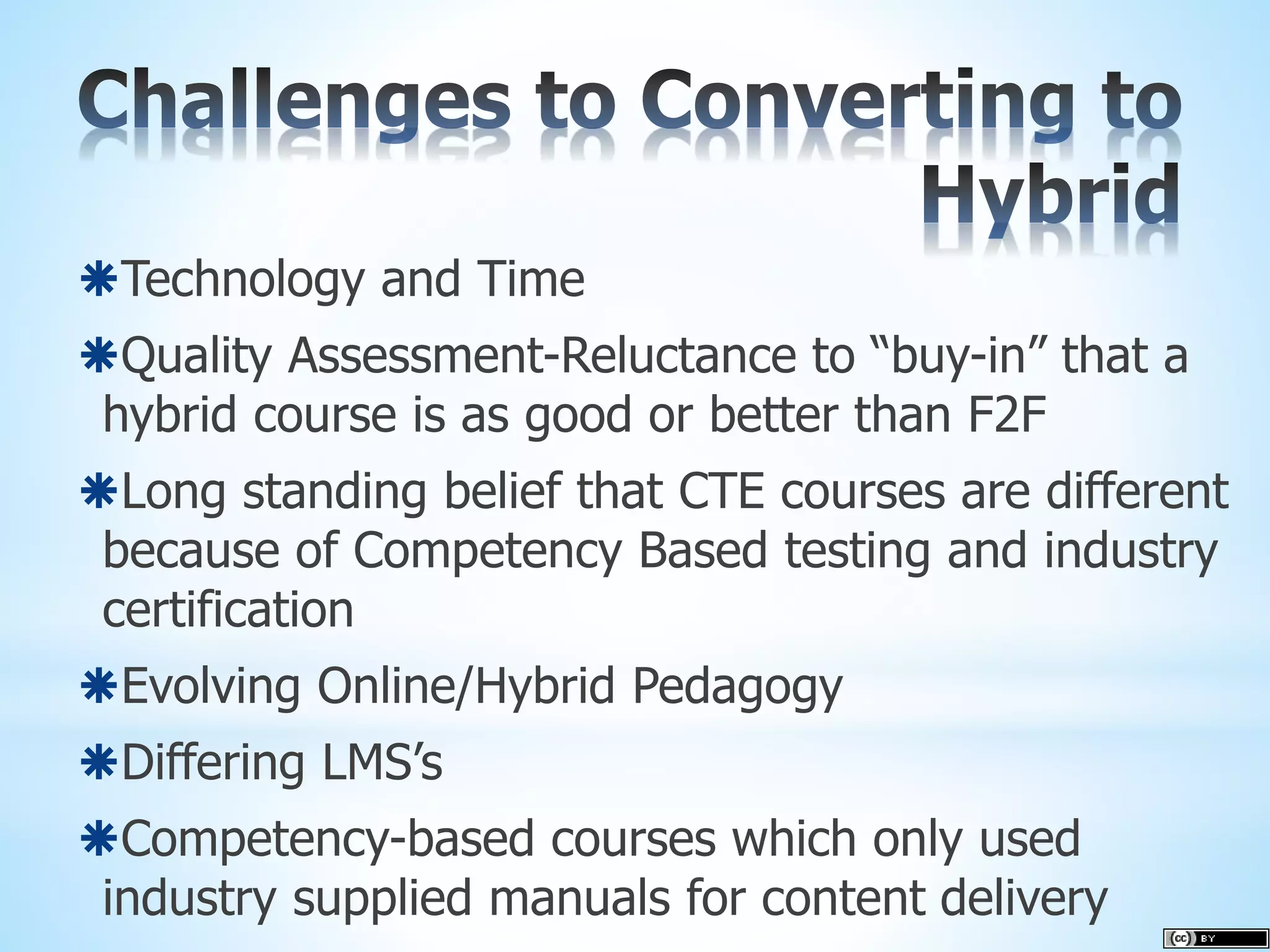 1. Faculty Out Reach
2. Course Mapping
3. “Chunking” the content
4. Used competition between colleges as an
incentive
5. Publicized the success of grant hybrid
courses in “what’s new in hybrid” email
blasts
6. Published courses to OER
7. And used public “shaming” within the
consortium
 
