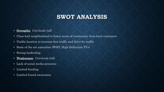 SWOT ANALYSIS
• Strengths: Cervitude (nd)
• Close knit neighborhood to foster sense of community from local customers
• Visible location to increase foot traffic and drive-by traffic
• State of the art amenities (WIFI, High Definition TVs)
• Strong leadership
• Weaknesses: Cervitude (nd)
• Lack of social media presence
• Limited funding
• Limited brand awareness
 