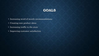 GOALS
• Increasing word-of-mouth recommendations
• Creating new product ideas
• Increasing traffic to the store
• Improving customer satisfaction
 