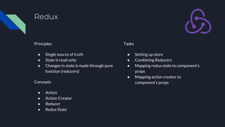 Redux
Principles
● Single source of truth
● State is read-only
● Changes in state is made through pure
function (reducers)
Concepts
● Action
● Action Creator
● Reducer
● Redux State
Tasks
● Setting up store
● Combining Reducers
● Mapping redux state to component’s
props
● Mapping action creator to
component’s props
 