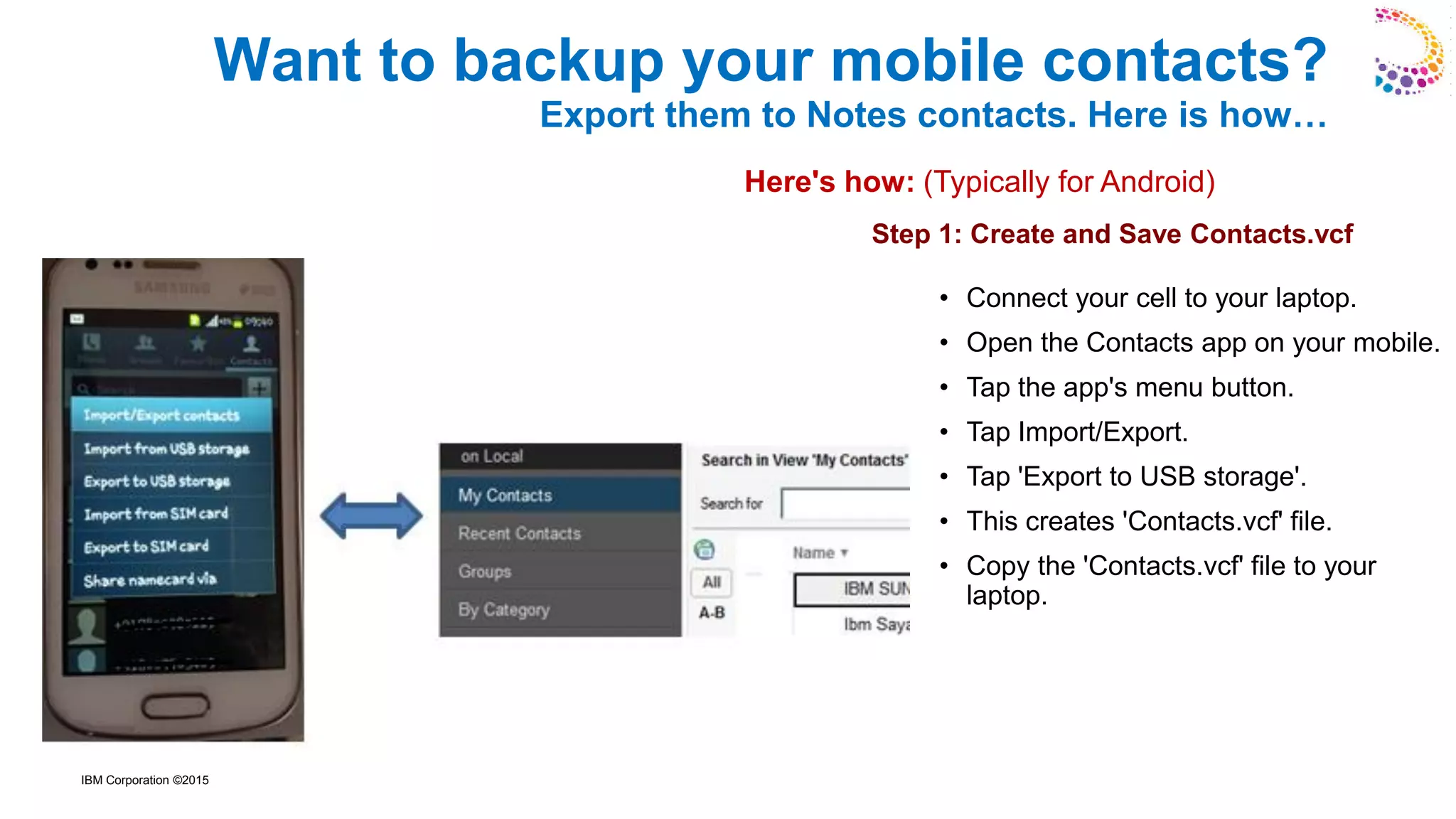 IBM Corporation ©2015
Want to backup your mobile contacts?
Export them to Notes contacts. Here is how…
• Connect your cell to your laptop.
• Open the Contacts app on your mobile.
• Tap the app's menu button.
• Tap Import/Export.
• Tap 'Export to USB storage'.
• This creates 'Contacts.vcf' file.
• Copy the 'Contacts.vcf' file to your
laptop.
Here's how: (Typically for Android)
Step 1: Create and Save Contacts.vcf
 
