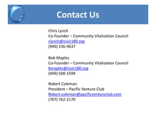 Contact Us
Chris Lynch
Co-Founder – Community Vitalization Council
clynch@civic180.org
(949) 236-9637
Bob Maples
Co-Founder – Community Vitalization Council
bmaples@civic180.org
(949) 500-1599
Robert Coleman
President – Pacific Venture Club
Robert.coleman@pacificventureclub.com
(707) 762-2170
 