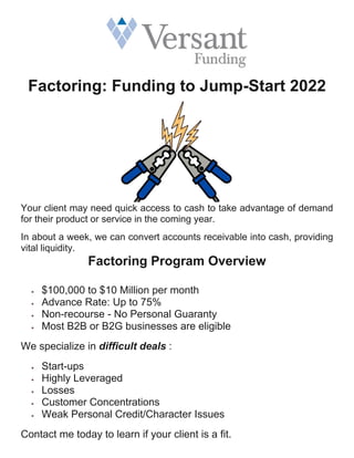 Factoring: Funding to Jump-Start 2022
Your client may need quick access to cash to take advantage of demand
for their product or service in the coming year.
In about a week, we can convert accounts receivable into cash, providing
vital liquidity.
Factoring Program Overview
• $100,000 to $10 Million per month
• Advance Rate: Up to 75%
• Non-recourse - No Personal Guaranty
• Most B2B or B2G businesses are eligible
We specialize in difficult deals :
• Start-ups
• Highly Leveraged
• Losses
• Customer Concentrations
• Weak Personal Credit/Character Issues
Contact me today to learn if your client is a fit.
 