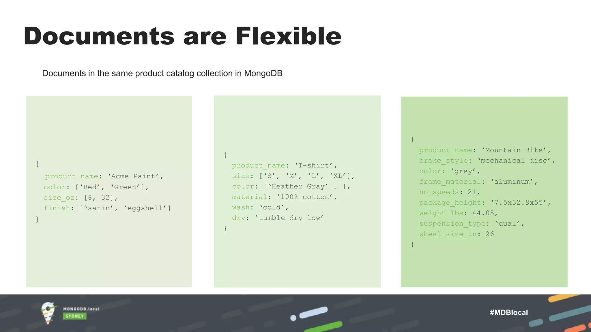 Documents are Flexible { product_name: ‘Acme Paint’, color: [‘Red’, ‘Green’], size_oz: [8, 32], finish: [‘satin’, ‘eggshell’] } { product_name: ‘T-shirt’, size: [‘S’, ‘M’, ‘L’, ‘XL’], color: [‘Heather Gray’ … ], material: ‘100% cotton’, wash: ‘cold’, dry: ‘tumble dry low’ } { product_name: ‘Mountain Bike’, brake_style: ‘mechanical disc’, color: ‘grey’, frame_material: ‘aluminum’, no_speeds: 21, package_height: ‘7.5x32.9x55’, weight_lbs: 44.05, suspension_type: ‘dual’, wheel_size_in: 26 } Documents in the same product catalog collection in MongoDB MongoDB Atlas Fully Managed DBaaS #MDBlocal 