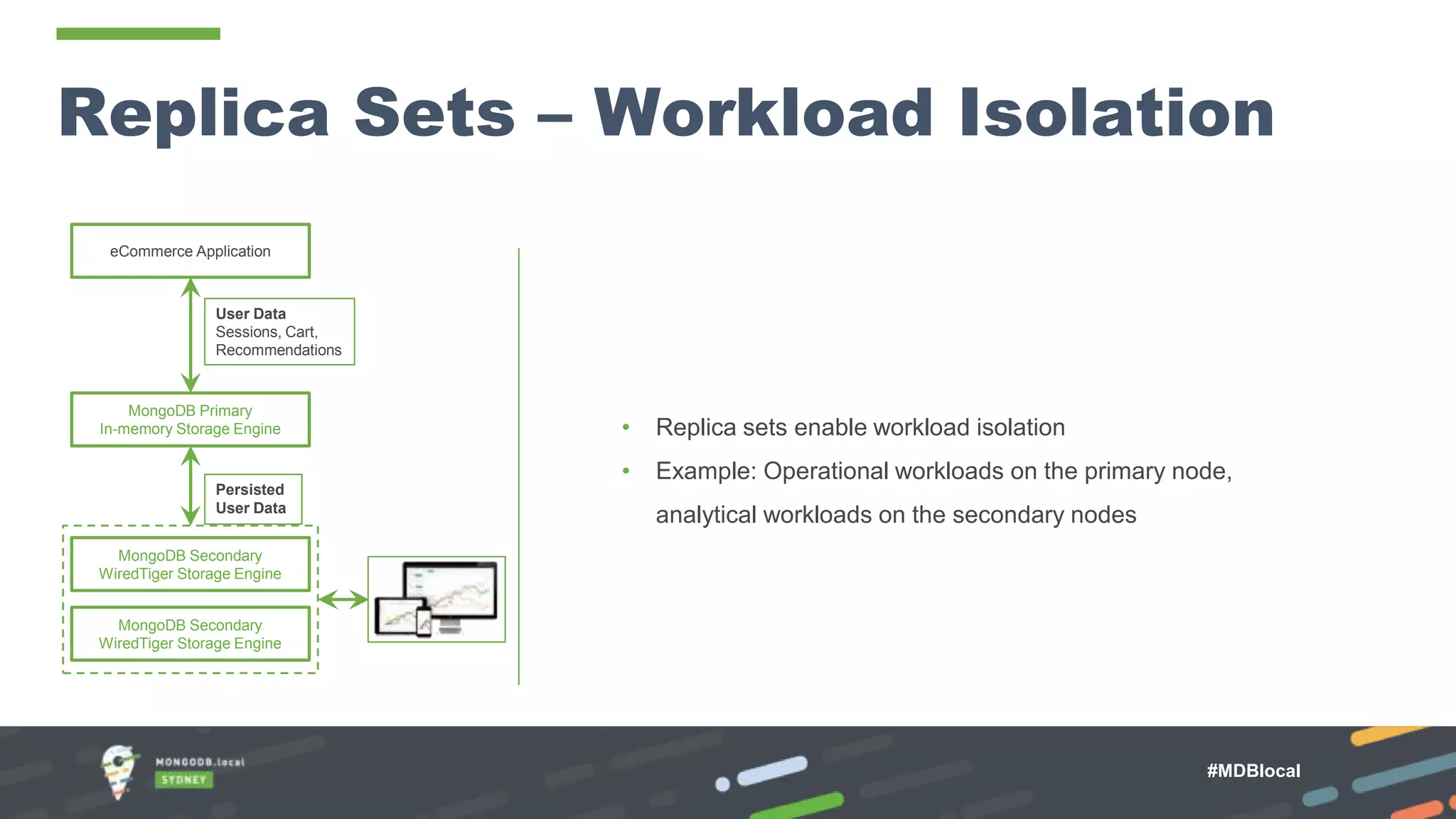 Replica Sets – Workload Isolation • Replica sets enable workload isolation • Example: Operational workloads on the primary node, analytical workloads on the secondary nodes eCommerce Application MongoDB Primary In-memory Storage Engine MongoDB Secondary WiredTiger Storage Engine User Data Sessions, Cart, Recommendations MongoDB Secondary WiredTiger Storage Engine Persisted User Data MongoDB Atlas Fully Managed DBaaS #MDBlocal 