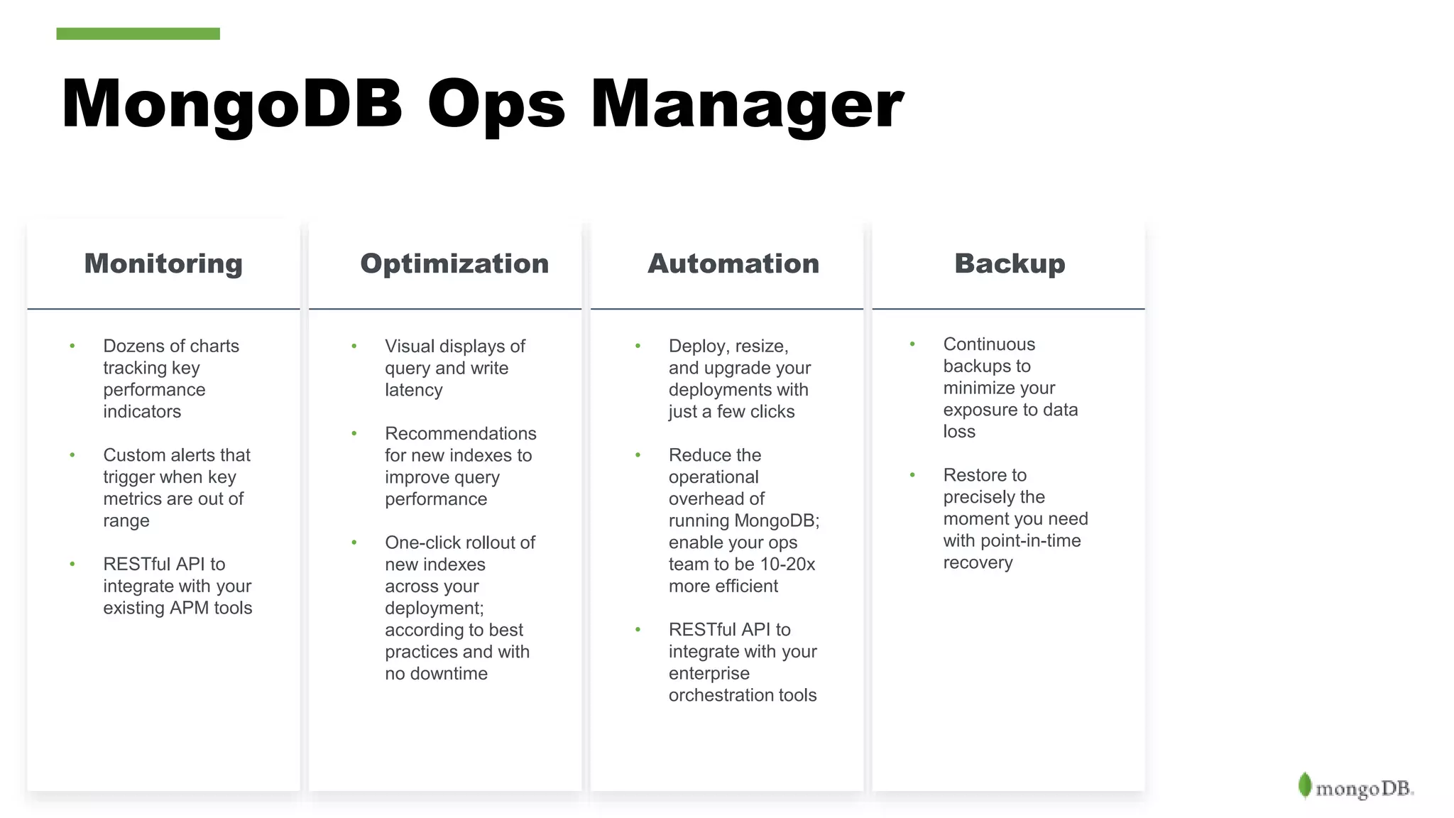 MongoDB Ops Manager • Dozens of charts tracking key performance indicators • Custom alerts that trigger when key metrics are out of range • RESTful API to integrate with your existing APM tools • Visual displays of query and write latency • Recommendations for new indexes to improve query performance • One-click rollout of new indexes across your deployment; according to best practices and with no downtime OptimizationMonitoring • Deploy, resize, and upgrade your deployments with just a few clicks • Reduce the operational overhead of running MongoDB; enable your ops team to be 10-20x more efficient • RESTful API to integrate with your enterprise orchestration tools Automation Backup • Continuous backups to minimize your exposure to data loss • Restore to precisely the moment you need with point-in-time recovery 