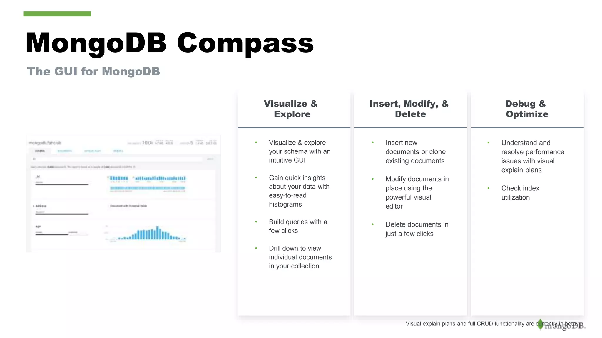 MongoDB Compass • Visualize & explore your schema with an intuitive GUI • Gain quick insights about your data with easy-to-read histograms • Build queries with a few clicks • Drill down to view individual documents in your collection • Understand and resolve performance issues with visual explain plans • Check index utilization Debug & Optimize Visualize & Explore The GUI for MongoDB Visual explain plans and full CRUD functionality are currently in beta. • Insert new documents or clone existing documents • Modify documents in place using the powerful visual editor • Delete documents in just a few clicks Insert, Modify, & Delete 