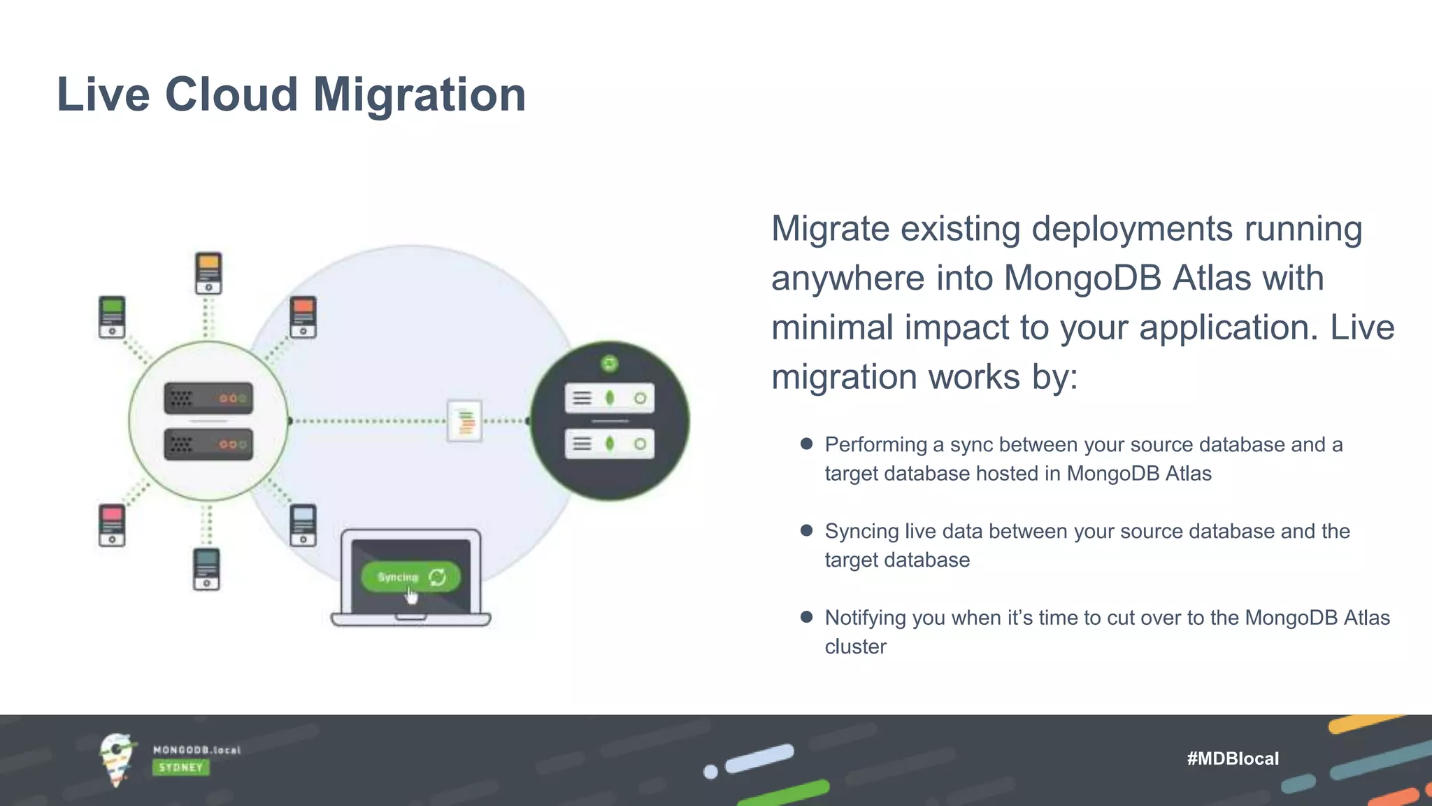 Migrate existing deployments running anywhere into MongoDB Atlas with minimal impact to your application. Live migration works by: ● Performing a sync between your source database and a target database hosted in MongoDB Atlas ● Syncing live data between your source database and the target database ● Notifying you when it’s time to cut over to the MongoDB Atlas cluster Live Cloud Migration #MDBlocal 