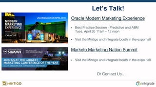 Let’s Talk!
Oracle Modern Marketing Experience!
•  Best Practice Session - Predictive and ABM !
Tues, April 26 11am – 12 noon!
!
•  Visit the Mintigo and Integrate booth in the expo hall!
!
Marketo Marketing Nation Summit!
!
•  Visit the Mintigo and Integrate booth in the expo hall!
!
!
Or Contact Us…!
 
