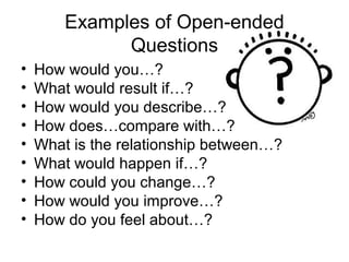 Examples of Open-ended
Questions
• How would you…?
• What would result if…?
• How would you describe…?
• How does…compare with…?
• What is the relationship between…?
• What would happen if…?
• How could you change…?
• How would you improve…?
• How do you feel about…?
 