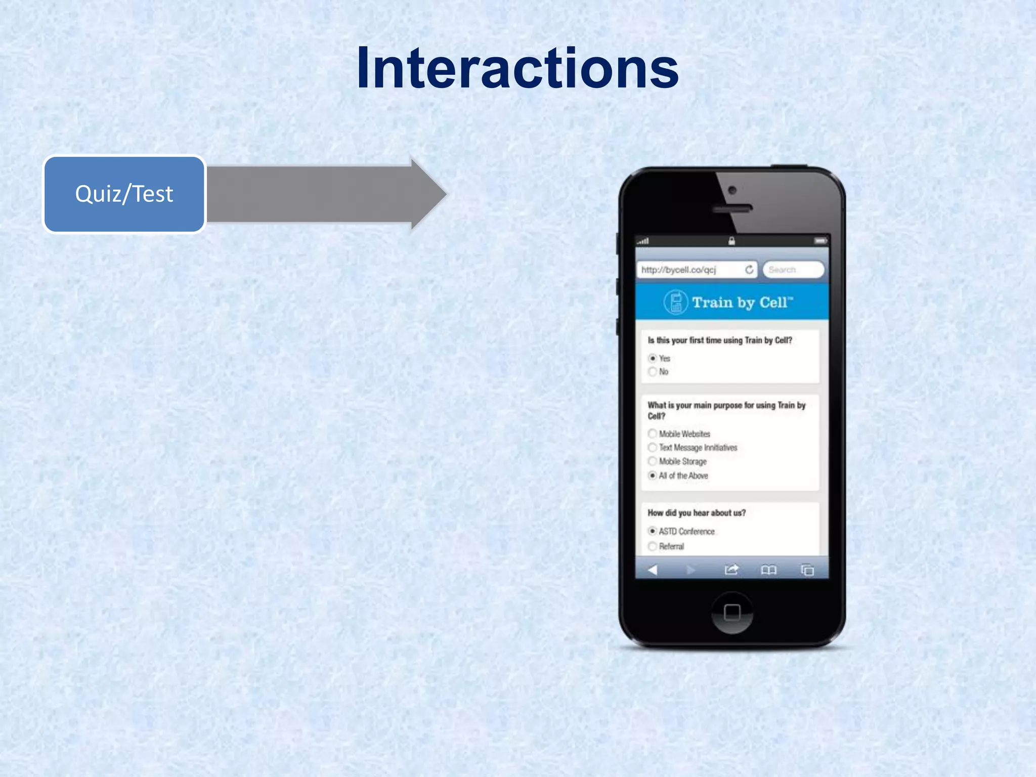 Interactions
Quiz/Test

 