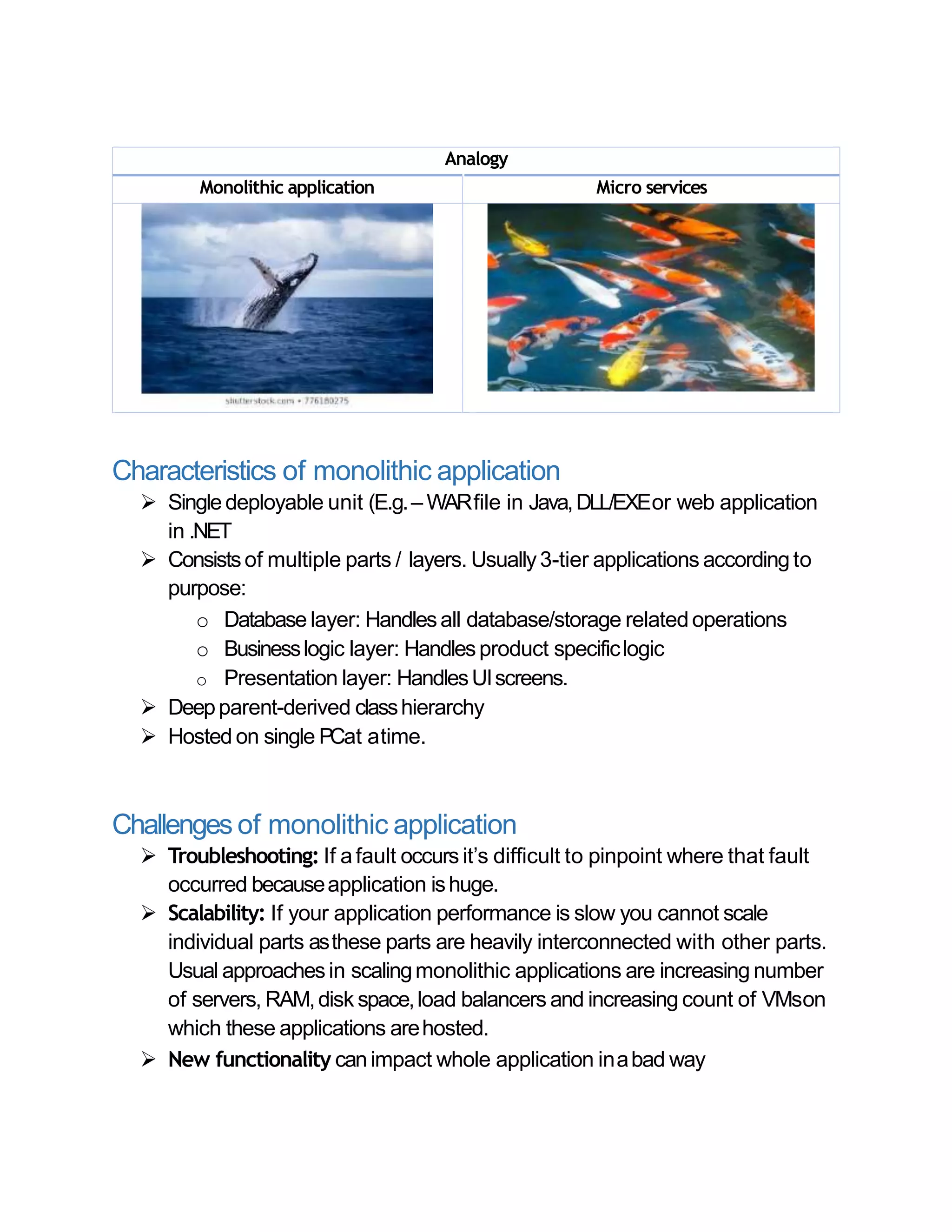 Analogy
Monolithic application Micro services
Characteristics of monolithic application
 Singledeployable unit (E.g.– WARfile in Java,DLL/EXEor web application
in .NET
 Consistsof multiple parts / layers. Usually3-tier applications accordingto
purpose:
o Database layer: Handlesall database/storage relatedoperations
o Businesslogic layer: Handlesproduct specificlogic
o Presentation layer: HandlesUIscreens.
 Deepparent-derived classhierarchy
 Hosted on single PCat atime.
Challenges of monolithic application
 Troubleshooting: If afault occurs it’s difficult to pinpoint where that fault
occurred becauseapplication ishuge.
 Scalability: If your application performance is slow you cannot scale
individual parts asthese parts are heavily interconnected with other parts.
Usual approachesin scalingmonolithic applications are increasing number
of servers, RAM,disk space,load balancers and increasing count of VMson
which these applications arehosted.
 New functionality canimpact whole application inabad way
 