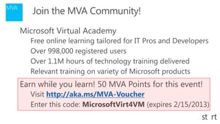 • Microsoft Virtual Academy
− Free online learning tailored for IT Pros and Developers
− Over 998,000 registered users
− Over 1.1M hours of technology training delivered
− Relevant training on variety of Microsoft products
• Earn while you learn! 50 MVA Points for this event!
− Visit http://aka.ms/MVA-Voucher
− Enter this code: MicrosoftVirt4VM (expires 2/15/2013)
 