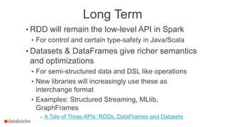 Long Term
• RDD will remain the low-level API in Spark
• For control and certain type-safety in Java/Scala
• Datasets & DataFrames give richer semantics
and optimizations
• For semi-structured data and DSL like operations
• New libraries will increasingly use these as
interchange format
• Examples: Structured Streaming, MLlib,
GraphFrames
– A Tale of Three APIs: RDDs, DataFrames and Datasets
 