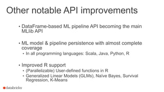 Other notable API improvements
• DataFrame-based ML pipeline API becoming the main
MLlib API
• ML model & pipeline persistence with almost complete
coverage
• In all programming languages: Scala, Java, Python, R
• Improved R support
• (Parallelizable) User-defined functions in R
• Generalized Linear Models (GLMs), Naïve Bayes, Survival
Regression, K-Means
 