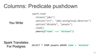 Columns: Predicate pushdown
spark.read
.format("jdbc")
.option("url", "jdbc:postgresql:dbserver")
.option("dbtable", "people")
.load()
.where($"name" === "michael")
31
You Write
Spark Translates
For Postgres SELECT * FROM people WHERE name = 'michael'
 
