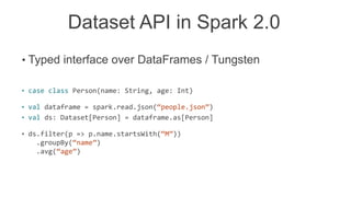 Dataset API in Spark 2.0
• Typed interface over DataFrames / Tungsten
• case class Person(name: String, age: Int)
• val dataframe = spark.read.json(“people.json”)
• val ds: Dataset[Person] = dataframe.as[Person]
• ds.filter(p => p.name.startsWith(“M”))
.groupBy(“name”)
.avg(“age”)
 