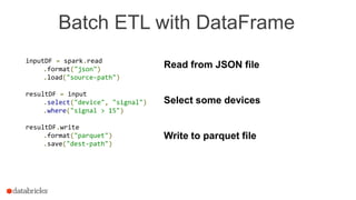 Batch ETL with DataFrame
inputDF = spark.read
.format("json")
.load("source-path")
resultDF = input
.select("device", "signal")
.where("signal > 15")
resultDF.write
.format("parquet")
.save("dest-path")
Read from JSON file
Select some devices
Write to parquet file
 