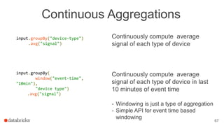 Continuous Aggregations
Continuously compute average
signal of each type of device
67
input.groupBy("device-type")
.avg("signal")
input.groupBy(
window("event-time",
"10min"),
"device type")
.avg("signal")
Continuously compute average
signal of each type of device in last
10 minutes of event time
- Windowing is just a type of aggregation
- Simple API for event time based
windowing
 