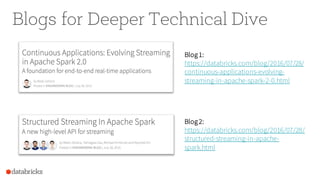 Blogs for Deeper Technical Dive
Blog1:
https://databricks.com/blog/2016/07/28/
continuous-applications-evolving-
streaming-in-apache-spark-2-0.html
Blog2:
https://databricks.com/blog/2016/07/28/
structured-streaming-in-apache-
spark.html
 