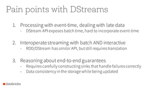 1. Processing with event-time, dealing with late data
- DStream API exposes batch time, hard to incorporate event-time
2. Interoperatestreaming with batch AND interactive
- RDD/DStream hassimilar API, butstill requirestranslation
3. Reasoning about end-to-end guarantees
- Requirescarefully constructing sinks that handle failurescorrectly
- Data consistency in the storage while being updated
Pain points with DStreams
 