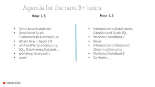 Agenda for the next 3+ hours
• Get to know Databricks
• Overview of Spark
Fundamentals& Architecture
• What’s New in Spark 2.0
• UnifiedAPIs: SparkSessions,
SQL, DataFrames, Datasets…
• Workshop Notebook1
• Lunch
Hour	1.5
• Introduction to DataFrames,
DataSets and Spark SQL
• Workshop Notebook2
• Break
• Introduction to Structured
StreamingConcepts
• Workshop Notebook3
• Go Home…
Hour	1.5
 