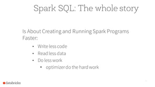 Spark SQL: The whole story
10
Is About Creating and Running Spark Programs
Faster:
•  Write less code
•  Read less data
•  Do less work
• optimizerdo the hard work
 