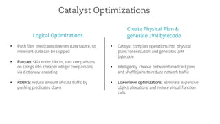 Catalyst Optimizations
Logical Optimizations
Create Physical Plan &
generate JVM bytecode
• Push filter predicates down to data source, so
irrelevant data can be skipped
• Parquet: skip entire blocks, turn comparisons
on strings into cheaper integer comparisons
via dictionary encoding
• RDBMS: reduce amount of data traffic by
pushing predicates down
• Catalyst compiles operations into physical
plans for execution and generates JVM
bytecode
• Intelligently choose betweenbroadcast joins
and shuffle joins to reduce network traffic
• Lower level optimizations: eliminate expensive
object allocations and reduce virtual function
calls
 