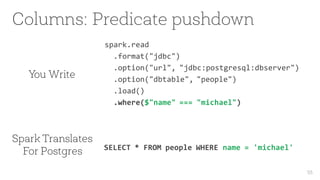 Columns: Predicate pushdown
spark.read
.format("jdbc")
.option("url", "jdbc:postgresql:dbserver")
.option("dbtable", "people")
.load()
.where($"name" === "michael")
55
You Write
Spark Translates
For Postgres SELECT * FROM people WHERE name = 'michael'
 