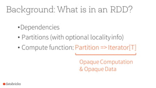Background: What is in an RDD?
•Dependencies
• Partitions (with optional localityinfo)
• Compute function: Partition =>Iterator[T]
Opaque Computation
& Opaque Data
 