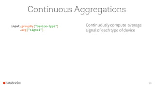 Continuous Aggregations
Continuously compute average
signal of each type of device
90
input.groupBy("device-type")
.avg("signal")
 