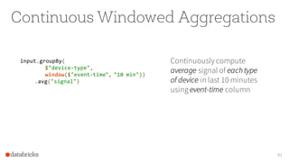 Continuous Windowed Aggregations
91
input.groupBy(
$"device-type",
window($"event-time", "10 min"))
.avg("signal")
Continuously compute
average signal of each type
of device in last 10 minutes
using event-time column
 