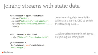 Joining streams with static data
kafkaDataset = spark.readStream
.format("kafka")
.option("subscribe", "iot-updates")
.option("kafka.bootstrap.servers", ...)
.load()
staticDataset = ctxt.read
.jdbc("jdbc://", "iot-device-info")
joinedDataset =
kafkaDataset.join(staticDataset,
"device-type")
92
Join streaming data from Kafka
with static data via JDBC to enrich
the streaming data …
… withouthaving to thinkthat you
are joining streaming data
 