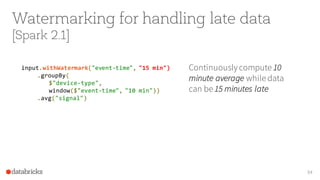 Watermarking for handling late data
[Spark 2.1]
94
input.withWatermark("event-time", "15 min")
.groupBy(
$"device-type",
window($"event-time", "10 min"))
.avg("signal")
Continuously compute 10
minute average while data
can be 15 minutes late
 
