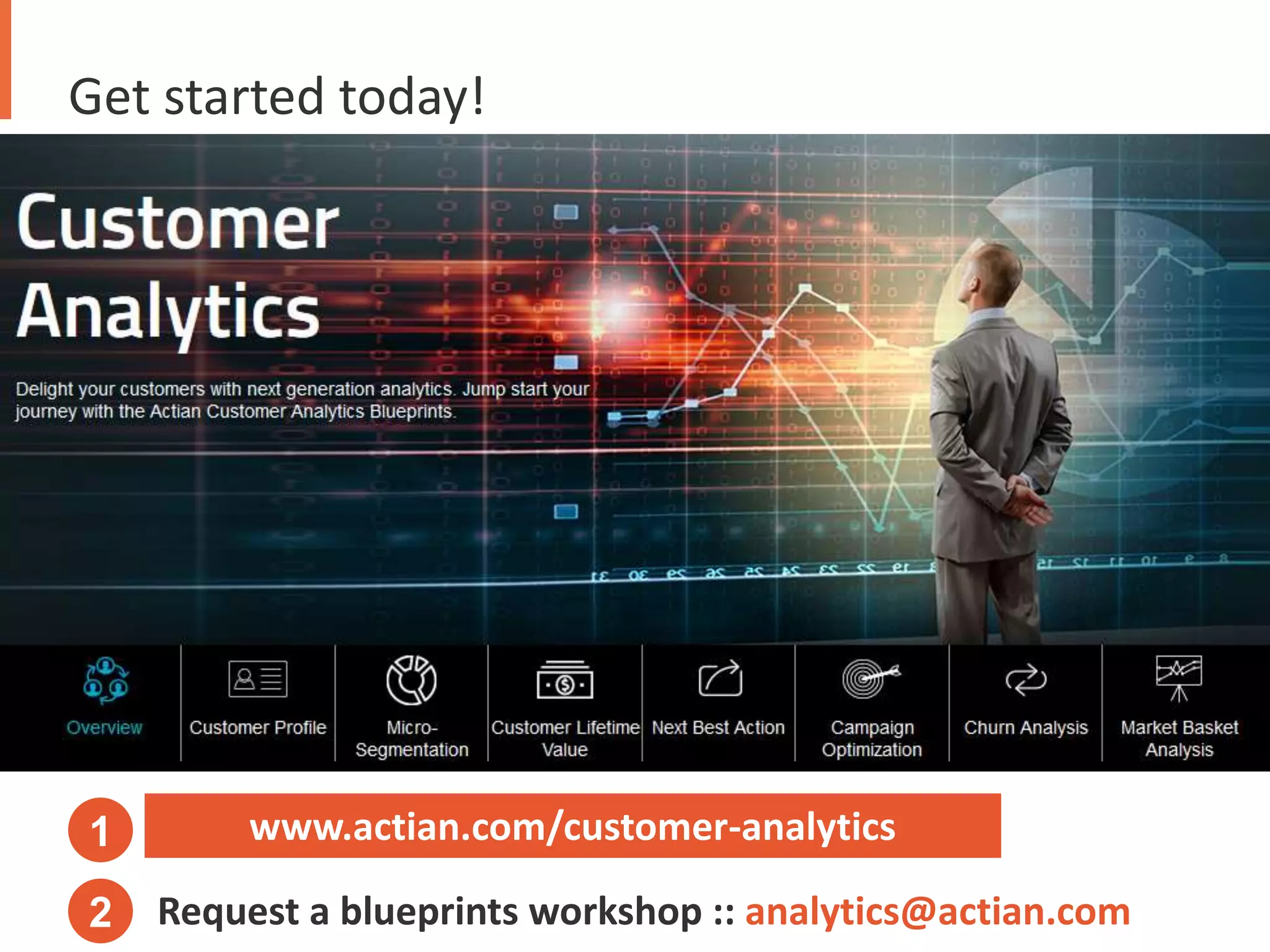 Get started today! 
www.actian.com/customer-analytics 
1 
2 Request a blueprints workshop :: analytics@actian.com 
Confidential 17 © 2014 Actian Corporation 
 