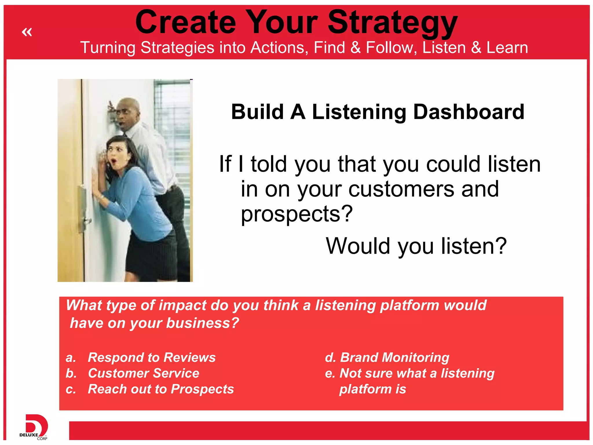 Create Your Strategy
  Turning Strategies into Actions, Find & Follow, Listen & Learn



                        Build A Listening Dashboard

                      If I told you that you could listen
                         in on your customers and
                         prospects?
                                   Would you listen?

What type of impact do you think a listening platform would
have on your business?

a. Respond to Reviews               d. Brand Monitoring
b. Customer Service                 e. Not sure what a listening
c. Reach out to Prospects              platform is
 