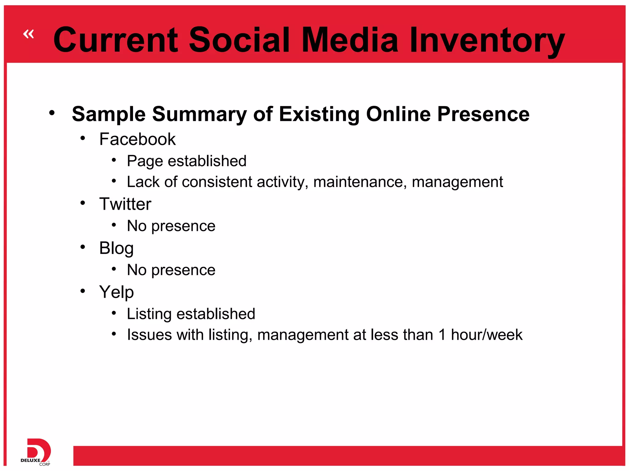 Current Social Media Inventory
• Sample Summary of Existing Online Presence
  • Facebook
     • Page established
     • Lack of consistent activity, maintenance, management
  • Twitter
     • No presence
  • Blog
     • No presence
  • Yelp
     • Listing established
     • Issues with listing, management at less than 1 hour/week
 