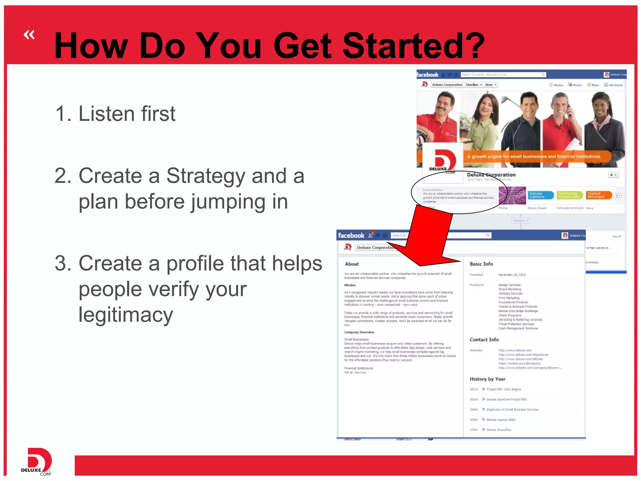 How Do You Get Started?
1. Listen first

2. Create a Strategy and a
   plan before jumping in

3. Create a profile that helps
   people verify your
   legitimacy
 