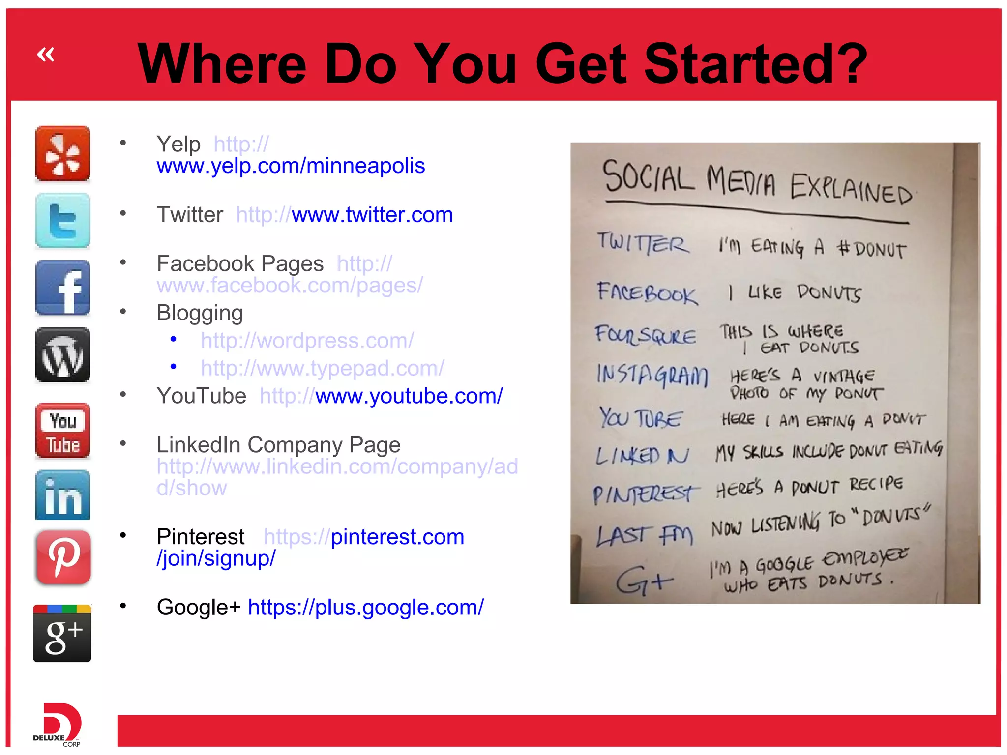 Where Do You Get Started?
•   Yelp http://
    www.yelp.com/minneapolis

•   Twitter http://www.twitter.com

•   Facebook Pages http://
    www.facebook.com/pages/
•   Blogging
     • http://wordpress.com/
     • http://www.typepad.com/
•   YouTube http://www.youtube.com/

•   LinkedIn Company Page
    http://www.linkedin.com/company/ad
    d/show

•   Pinterest https://pinterest.com
    /join/signup/

•   Google+ https://plus.google.com/
 