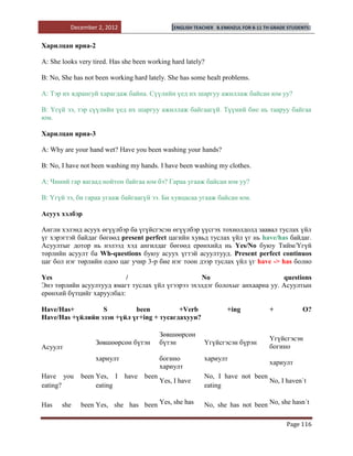 December 2, 2012                     [ENGLISH TEACHER   B.ENKHZUL FOR 8-11 TH GRADE STUDENTS]


Харилцан яриа-2

A: She looks very tired. Has she been working hard lately?

B: No, She has not been working hard lately. She has some healt problems.

А: Тэр их ядрангуй харагдаж байна. Сүүлийн үед их шаргуу ажиллаж байсан юм уу?

В: Үгүй ээ, тэр сүүлийн үед их шаргуу ажиллаж байгаагүй. Түүний бие нь тааруу байгаа
юм.

Харилцан яриа-3

A: Why are your hand wet? Have you been washing your hands?

B: No, I have not been washing my hands. I have been washing my clothes.

A: Чиний гар яагаад нойтон байгаа юм бэ? Гараа угааж байсан юм уу?

B: Үгүй ээ, би гараа угааж байгаагүй ээ. Би хувцасаа угааж байсан юм.

Асуух хэлбэр

Англи хэлэнд асуух өгүүлбэр ба үгүйсгэсэн өгүүлбэр үүсгэх тохиолдолд заавал туслах үйл
үг хэрэгтэй байдаг бөгөөд present perfect цагийн хувьд туслах үйл үг нь have/has байдаг.
Асуултыг дотор нь нэлээд хэд ангилдаг бөгөөд ерөнхийд нь Yes/No буюу Тийм/Үгүй
төрлийн асуулт ба Wh-questions буюу асуух үгтэй асуултууд. Present perfect continuos
цаг бол нэг төрлийн одоо цаг учир 3-р бие нэг тоон дээр туслах үйл үг have -> has болно

Yes                        /                      No                        questions
Энэ төрлийн асуултууд ямагт туслах үйл үгээрээ эхэлдэг болохыг анхаарна уу. Асуултын
ерөнхий бүтцийг харуулбал:

Have/Has+         S         been          +Verb                       +ing            +            O?
Have/Has +үйлийн эзэн +үйл үг+ing + тусагдахуун?

                                           Зөвшөөрсөн
                                                                                      Үгүйсгэсэн
                   Зөвшөөрсөн бүтэн        бүтэн           Үгүйсгэсэн бүрэн
Асуулт                                                                                богино
                   хариулт                 богино          хариулт
                                                                                      хариулт
                                           хариулт
Have you     been Yes, I have       been                   No, I have not been
                                           Yes, I have                         No, I haven`t
eating?           eating                                   eating

Has    she   been Yes, she has been Yes, she has           No, she has not been No, she hasn`t

                                                                                             Page 116
 