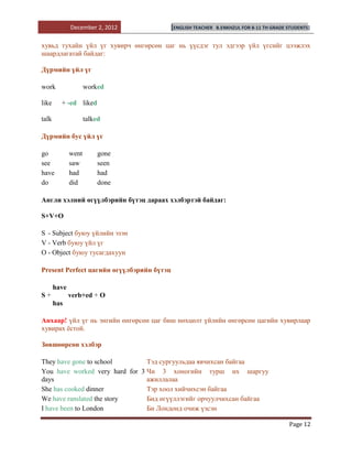 December 2, 2012             [ENGLISH TEACHER   B.ENKHZUL FOR 8-11 TH GRADE STUDENTS]


хувьд тухайн үйл үг хувирч өнгөрсөн цаг нь үүсдэг тул эдгээр үйл үгсийг цээжлэх
шаардлагатай байдаг:

Дүрмийн үйл үг

work                 worked

like     + -ed liked

talk                 talked

Дүрмийн бус үйл үг

go            went        gone
see           saw         seen
have          had         had
do            did         done

Англи хэлний өгүүлбэрийн бүтэц дараах хэлбэртэй байдаг:

S+V+O

S - Subject буюу үйлийн эзэн
V - Verb буюу үйл үг
O - Object буюу тусагдахуун

Present Perfect цагийн өгүүлбэрийн бүтэц

       have
S+            verb+ed + O
       has

Анхаар! үйл үг нь энгийн өнгөрсөн цаг биш нөхцөлт үйлийн өнгөрсөн цагийн хувирлаар
хувирах ѐстой.

Зөвшөөрсөн хэлбэр

They have gone to school        Тэд сургуульдаа явчихсан байгаа
You have worked very hard for 3 Чи 3 хоногийн турш их шаргуу
days                            ажиллалаа
She has cooked dinner           Тэр хоол хийчихсэн байгаа
We have ranslated the story     Бид өгүүллэгийг орчуулчихсан байгаа
I have been to London           Би Лондонд очиж үзсэн

                                                                                          Page 12
 