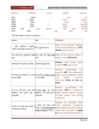December 2, 2012                     [ENGLISH TEACHER   B.ENKHZUL FOR 8-11 TH GRADE STUDENTS]


нийлэн                нийлмэл                 асуух                   үгсийг                үүсгэдэг.

How                        much                        -                 хэр                       их
How                    many                    -                    хэдэн                     ширхэг
What                      time                     -                  хэдэн                      цагт
What                     kind                 -                     ямар                     төрлийн
What                     color                 -                     ямар                     өнгийн
How         old        -        хэдэн       настай            /      хэр      зэрэг           хуучин
How                 long                -                  хэр             зэрэг                  урт

Тогтмол ажиглагддаг алдаанууд

Буруу                         Зөв                           Тайлбар

                                                            Ямар нэгэн үйлдлийг ярианы
- The phone`s ringing.
                              Ok -I`ll answer it.           мөчид шийдэж байгаа тул will /
- OK, I`m going to answer it.
                                                            will not хэрэглэх ѐстой

I`m sure he is going to help I`m sure he will help When we say what we think or
you.                         you.                  expect, we use will (won`t).

                                                            Рromise гэсэн үгийн дараа
I promise I`m going to help. I promise I`ll help.
                                                            ихэвчлэн will хэрэглэгддэг.

                                                       Нийлмэл     өгүүлбэрийн    гол
                                                       өгүүлбэр will -ээр хэлбэржсэн
I`ll call you when I"`l come I`ll call you when I come байвал туслах өгүүлбэрт энгийн
to my office.                to my office.             одоо      цагийг      ихэвчлэн
                                                       хэрэглэдэг (when, as soon as,
                                                       until).

                                                  Нөхцөлт    өгүүлбэрийн  гол
If you will give me your If you give me your өгүүлбэр will-ээр хэлбэржсэн
address, I`ll send you a address, I`ll send you a байвал нөхцөл заасан гишүүн
postcard.                postcard.                өгүүлбэр энгийн одоо цагаар
                                                  хэлбэрждэг

                                                       Ямарваа нэг үйлдлийг хийх
                             I can`t see you next тухай          шийдвэр     өнгөрсөнд
I can`t see you next week. I
                             week. I am returning/am гарсан байвал ирээдүйд хийхээр
will return to Paris.
                             going to return to Paris. завдаж буй үйлдлийг нь going
                                                       to гэсэн хэлбэрээр илэрхийлдэг


                                                                                             Page 123
 