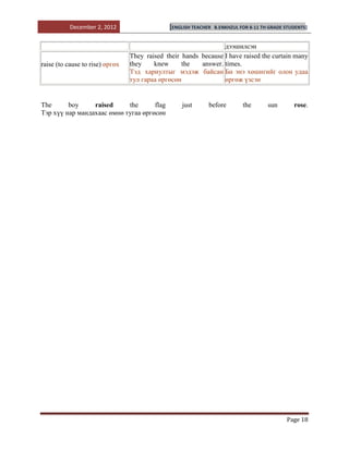 December 2, 2012                   [ENGLISH TEACHER   B.ENKHZUL FOR 8-11 TH GRADE STUDENTS]


                                                                 дээшилсэн
                                 They raised their hands because I have raised the curtain many
raise (to cause to rise) өргөх   they    knew      the   answer. times.
                                 Тэд хариултыг мэдэж байсан Би энэ хөшигийг олон удаа
                                 тул гараа өргөсөн               өргөж үзсэн


The      boy     raised     the      flag          just      before         the       sun       rose.
Тэр хүү нар мандахаас өмнө тугаа өргөсөн




                                                                                             Page 18
 