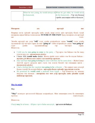 December 2, 2012                  [ENGLISH TEACHER   B.ENKHZUL FOR 8-11 TH GRADE STUDENTS]


               When he was young, he would always do When he got older, he would never
               his homework.                         do his homework. - Тэр том болоод
                                                     гэрийн даалгавраа хийхээ больсон




Өнгөрсөн                       дэх                        ирээдүй                              цаг

Ямарваа нэгэн зүйлийг ирээдүйд хийх тухай, ямар нэгэн зүйл ирээдүйд болох тухай
өнгөрсөнд ярьж байгаа тохиолдолыг FUTURE IN THE PAST буюу өнгөрсөн дэх ирээдүй
цаг                                                                       гэдэг.

Энгийн ирээдүй цаг дээр "will" гэдэг үгийн илэрхийлдэг санаа "would" гэдэг үгийн
тусламжтай тэр чигээрээ гарах ба мөн "going to" -гийн илэрхийлдэг санаа "was going to"
гэдэг        үгийн         тусламжтайгаар           тэр        чигээрээ         гарна.
Жишээ нь:

      I told you he was going to come to the party. - Тэр ирэх гэж байсан гэж би чамд
      хэлсэн шүү дээ : төлөвлөсөн үйлдэл
      I knew Julie would make dinner. Жюли оройн хоол хийнэ гэж би мэдэж байсан :
      тухайн үед Жюли хоол хийнэ гэж шийдвэр гаргасан.
      Jane said Sam was going to bring his sister with him, but he came alone. - Жейн Самыг
      эмэгтэй дүүгээ дагуулж ирнэ гэсэн гэж хэлсэн боловч тэр ганцаараа ирсэн :
      төлөвлөсөн үйлдэл
      I had a feeling that the vacation was going to be a disaster. - Энэ амралт шал утгагүй
      болно гэдгийг би мэдэрч байсан : ирээдүйд болох зүйлийг урьдчилан хэлсэн.
      He promised he would send a postcard from Egypt. - Тэр Египетээс ил захидал
      явуулна гэж амласан : өнгөрсөнд нэг мөч дээр ирээдүйд хийх үйлийн тухай
      шийдвэр гаргасан.



May ба might

May

"May" ихэнхдээ эргэлзээтэй байдлыг илэрхийлдэг. Мөн зөвшөөрөл өгөх ба зөвшөөрөл
хүсэхэд                                                             хэрэглэгддэг.

Жишээ нь:

Cheryl may be at home. - Шэрил гэртээ байж магадгүй. : эргэлзээтэй байдал




                                                                                          Page 72
 
