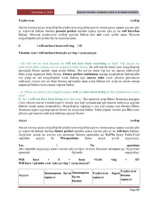 December 2, 2012                   [ENGLISH TEACHER   B.ENKHZUL FOR 8-11 TH GRADE STUDENTS]


Үгүйсгэсэн                                                                                   хэлбэр

Англи хэлэнд асуух өгүүлбэр ба үгүйсгэсэн өгүүлбэр үүсгэх тохиолдолд заавал туслах үйл
үг хэрэгтэй байдаг бөгөөд present perfect цагийн хувьд туслах үйл үг нь will have/has
байдаг. Мэдээж үгүйсгэсэн хэлбэр үүсгэж байгаа бол not гэдэг үгийг авна. Мэдээж
өгүүлбэрийн үйл үгийн бүтэц хадгалагдана.

S            + will not have been verb+ing   +O

Үйлийн эзэн + will not have been үйл үг+ing + тусагдахуун


- He will not be tired because he will not have been exercising so hard. Тэр дасгал их
хийгээгүй байх учраас нэг их ядраагүй байх болно. he will not be tired гэдэг өгүүлбэрээр
ирээдүйд болох цагийг зааж өгсөн байна. Энэ цэгээс өмнө тэр нэг их дасгал хийгээгүй
байх учир ядраагүй байх болно. Future perfect continuous цагаар илэрхийлж байгаагийн
гол учир нь энэ өгүүлбэрийг хэлж байгаа хүн дасгал хийх гэдэг үйлдэл үргэлжлэн
хийгдэнэ гэхдээ нэг их биш бөгөөд ирээдүйд зааж хэлж байгаа цэг дээр нь нөгөө нөхөр
ядраагүй байна гэсэн санааг гаргаж байна.

- A: When you finish your English course, will you have been living in New Zealand for over a
year?
B: No, I will not have been living here that long. Энэ жишээн дээр Шинэ Зеландад амьдрах
гэдэг үйлдэл англи хэлний курсээ төгсөх үед хир хугацаагаар үргэлжлэн хийгдээд дуусаж
байгаа тухай санаа илэрхийлнэ. Өгүүлбэрээс харахад л энэ хүн гадаад хүн бөгөөд Шинэ
Зеландад курст суухаар ирсэн болох нь мэдэгдэж байна. Тийм учраас төгсөх үед live гэдэг
үйлдэл үргэлжлэн хийгдэж байгаад дуусах болно.

Асуух                                                                                        хэлбэр

Англи хэлэнд асуух өгүүлбэр ба үгүйсгэсэн өгүүлбэр үүсгэх тохиолдолд заавал туслах үйл
үг хэрэгтэй байдаг бөгөөд future perfect цагийн хувьд туслах үйл үг нь will have байдаг.
Асуултыг дотор нь нэлээд хэд ангилдаг бөгөөд ерөнхийд нь Yes/No буюу Тийм/Үгүй
төрлийн      асуулт    ба     Wh-questions      буюу     асуух     үгтэй      асуултууд.

Yes                       /                       No                        questions
Энэ төрлийн асуултууд ямагт туслах үйл үгээрээ эхэлдэг болохыг анхаарна уу. Асуултын
ерөнхий                              бүтцийг                               харуулбал:

Will      have      +      S       +      been             +Verb           +ing         +        O?
Will have +үйлийн эзэн +үйл үг+ing + тусагдахуун?

                                                                                     Үгүйсгэсэн
                   Зөвшөөрсөн бүтэн Зөвшөөрсөн            Үгүйсгэсэн         бүрэн
Асуулт                                                                               богино
                   хариулт          бүтэн                 хариулт
                                                                                     хариулт
                                    богино

                                                                                            Page 88
 